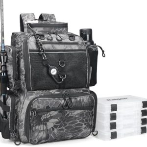 Rabjen Fishing Tackle Backpack with Rod Holders, Bottle Holder, Storage Bag Store Fishing Gear